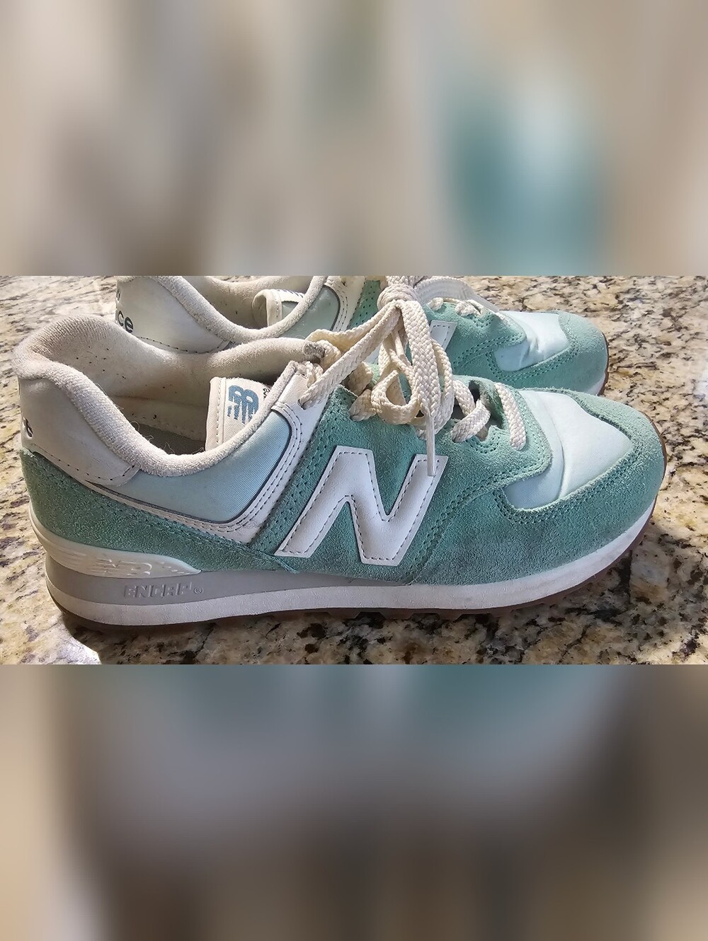 New Balance 574 sneakers, featuring a distinctive seafoam green suede upper 6.5 - Picture 3 of 11